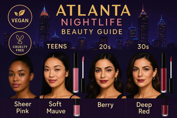 Four diverse women showcasing Atlanta nightlife makeup looks for different age groups (Teens, 20s, 30s) with vegan and cruelty-free lip products like sheer pink, soft mauve, berry, and deep red lip gloss