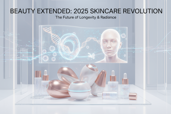 Future of beauty: AI personalized skincare interface next to high-tech at-home beauty devices and serums, representing the 2025 trends for longevity skincare.